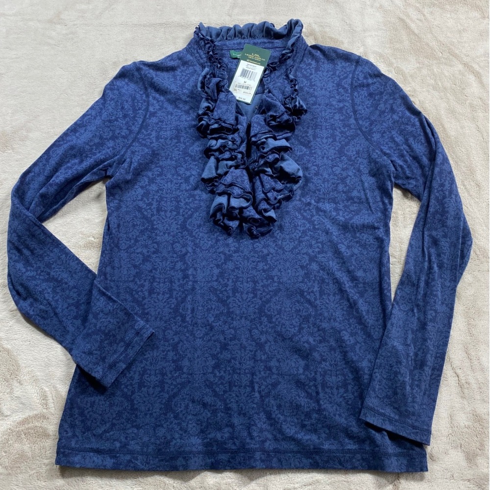 NWT Lauren Ralph Lauren Ruffle Neck Damask Print Blouse Indigo Multi Womens M